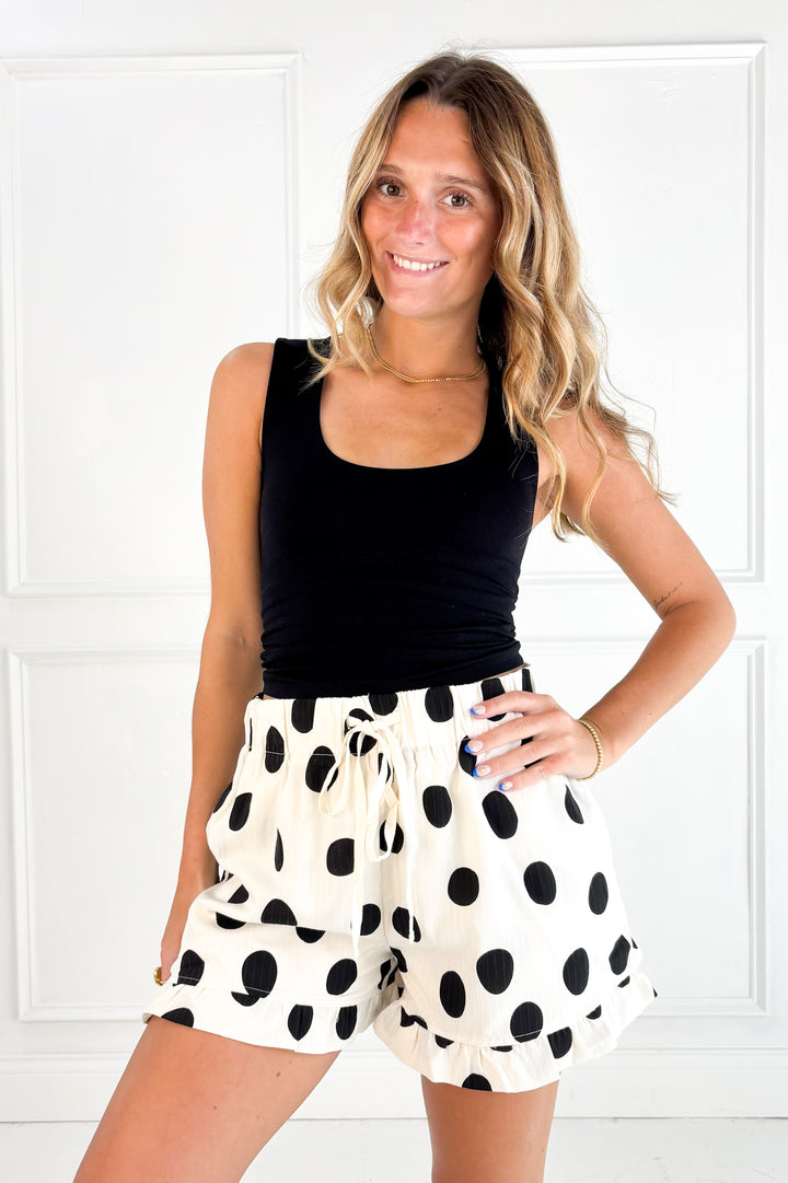 Polka Dot Ruffle Hem Drawstring Shorts