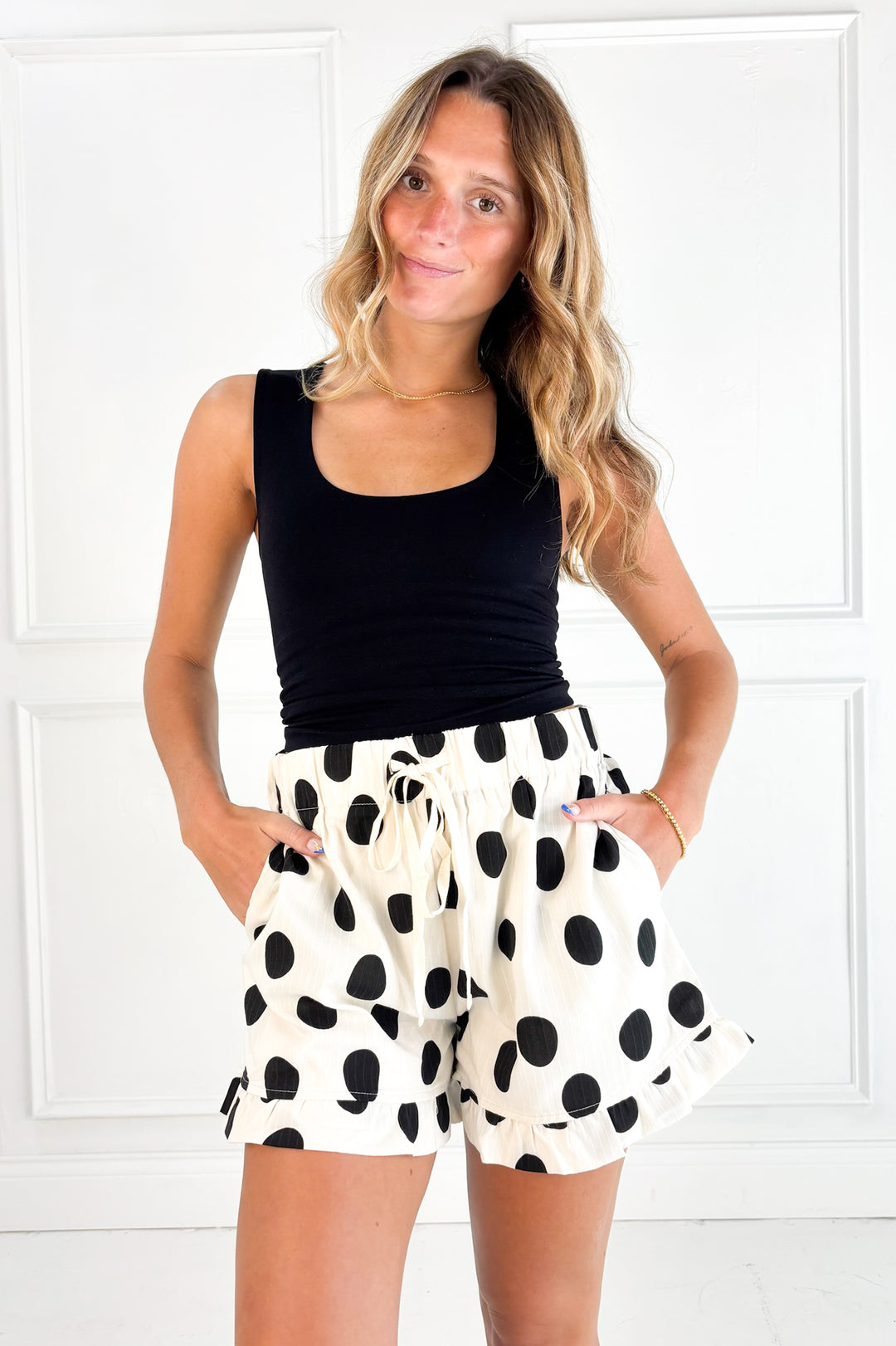 Polka Dot Ruffle Hem Drawstring Shorts