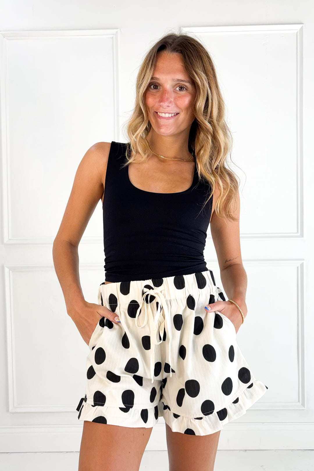Polka Dot Ruffle Hem Drawstring Shorts