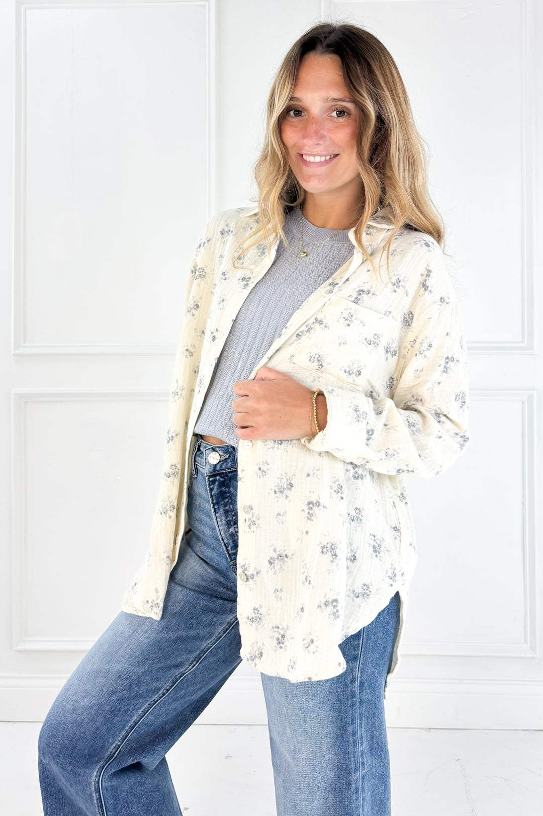 Vintage Bloom Cotton Gauze Button Front Blouse