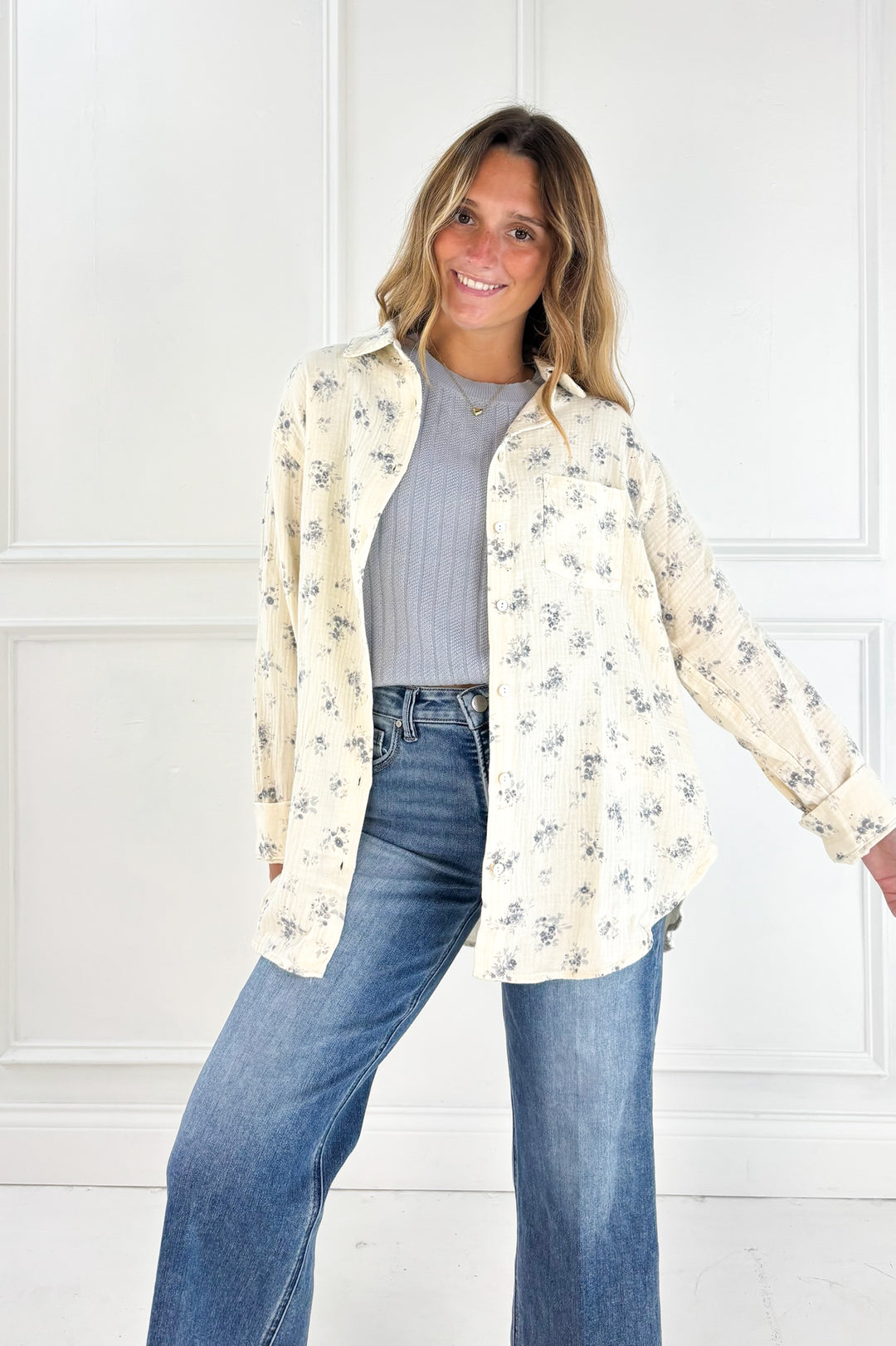Vintage Bloom Cotton Gauze Button Front Blouse