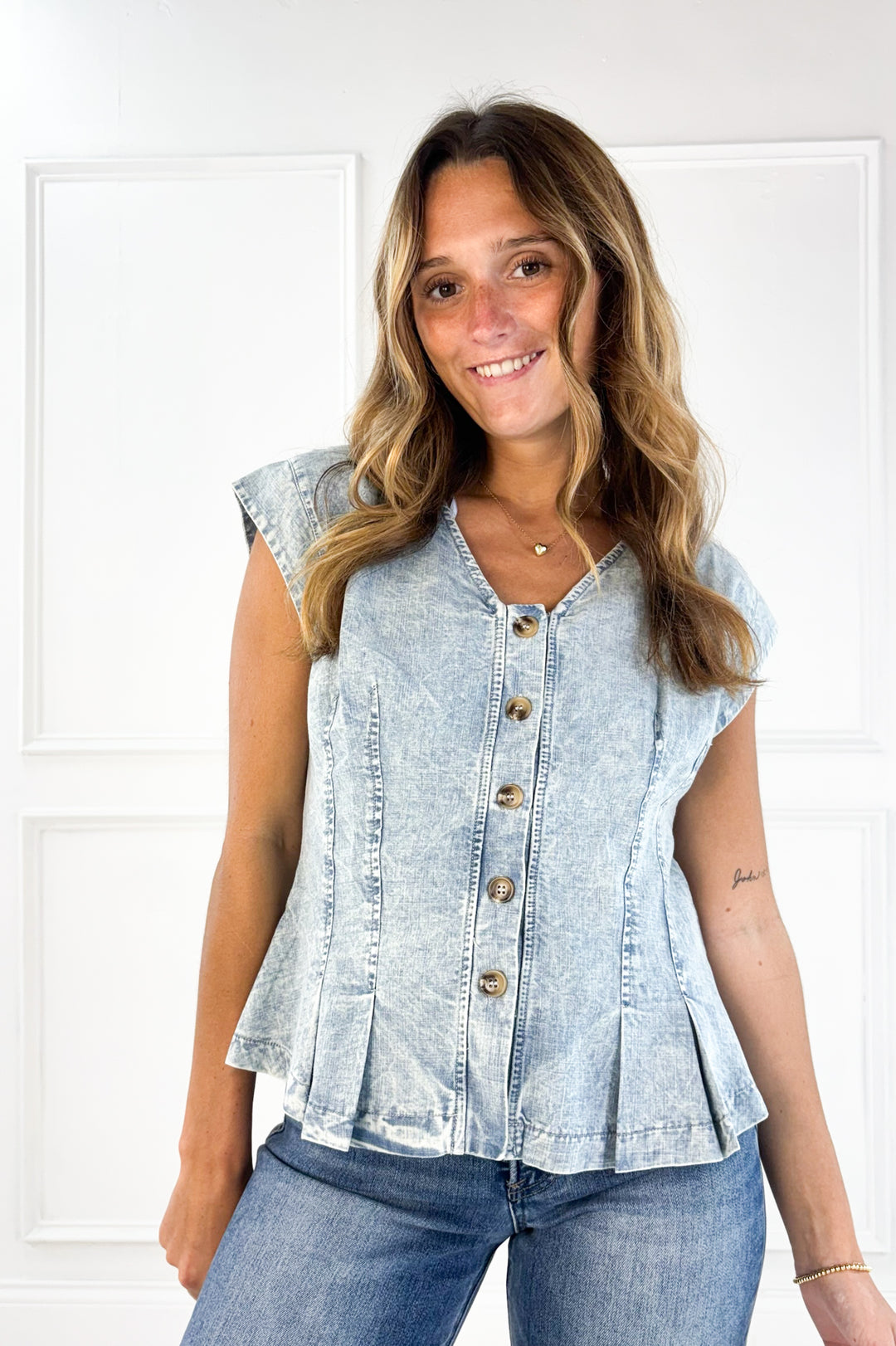 Chambray Charm Pleated Button Top