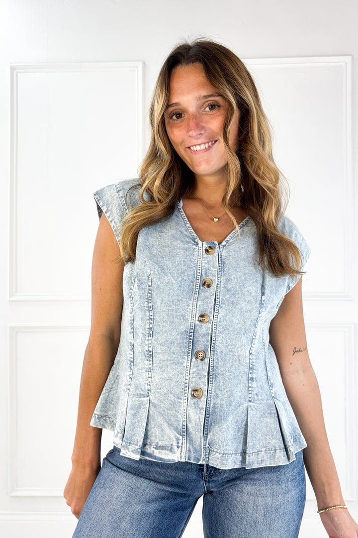 Chambray Charm Pleated Button Top