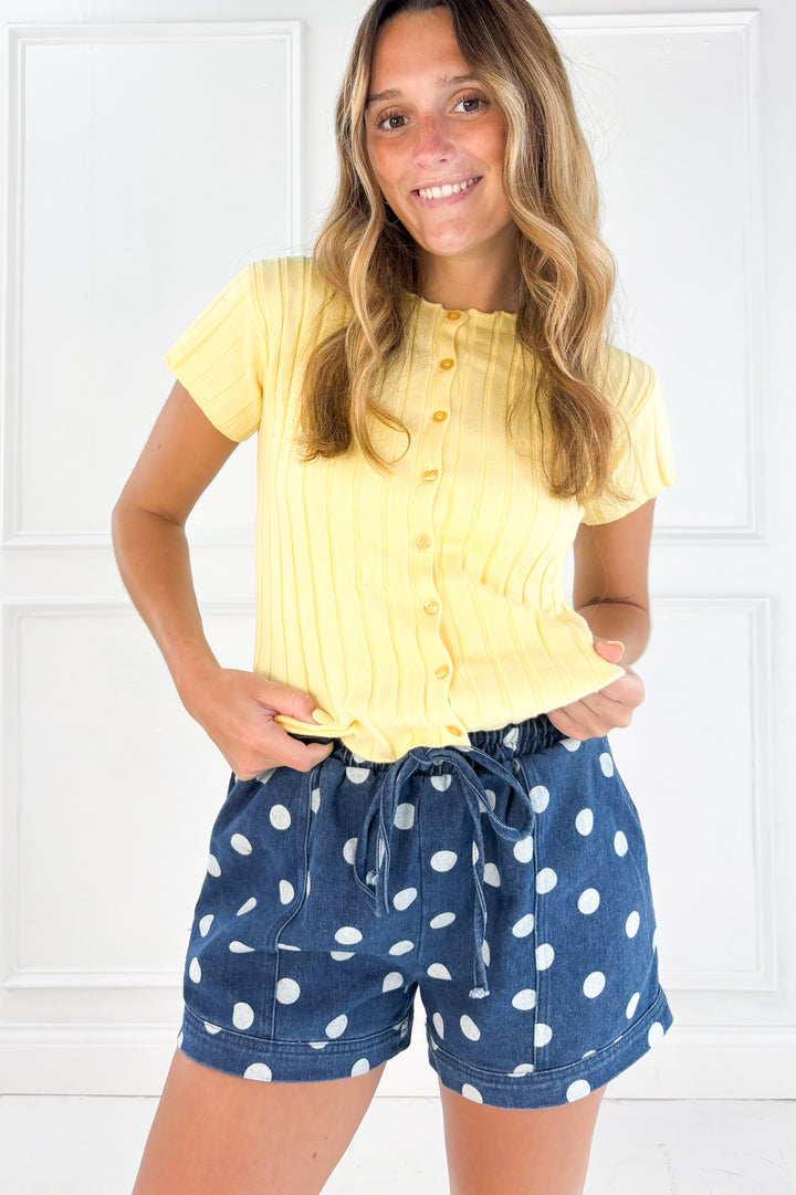 Ribbed Short Sleeve Button Front Top