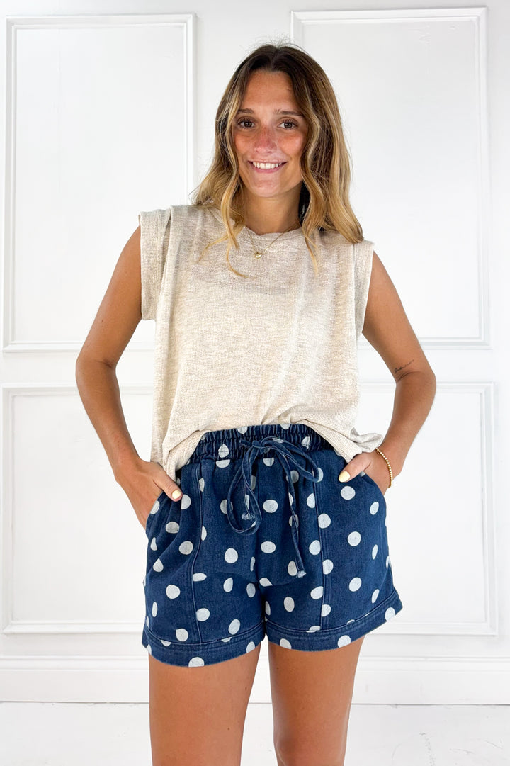 Polka Dot Denim Drawstring Shorts