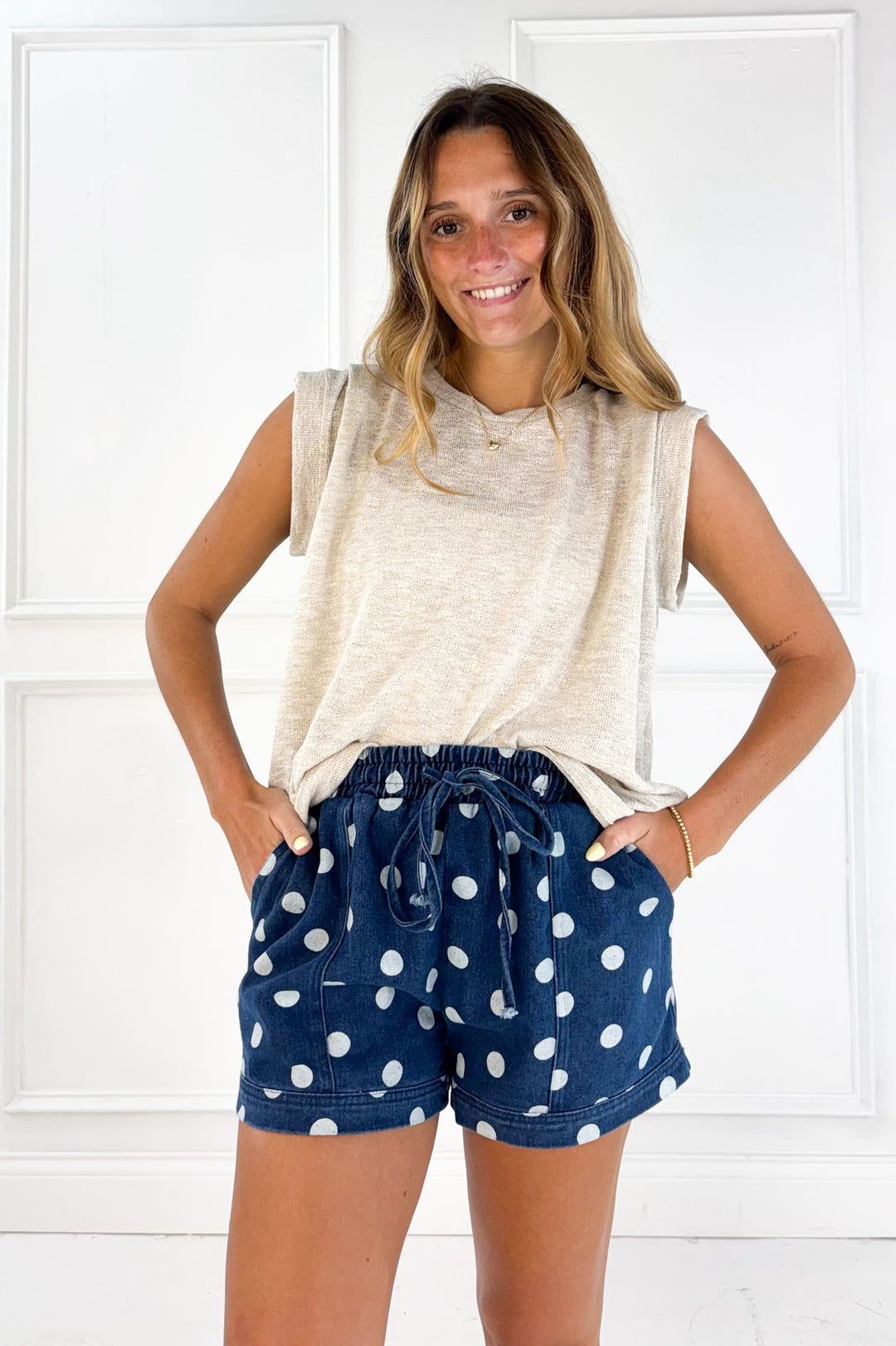 Polka Dot Denim Drawstring Shorts