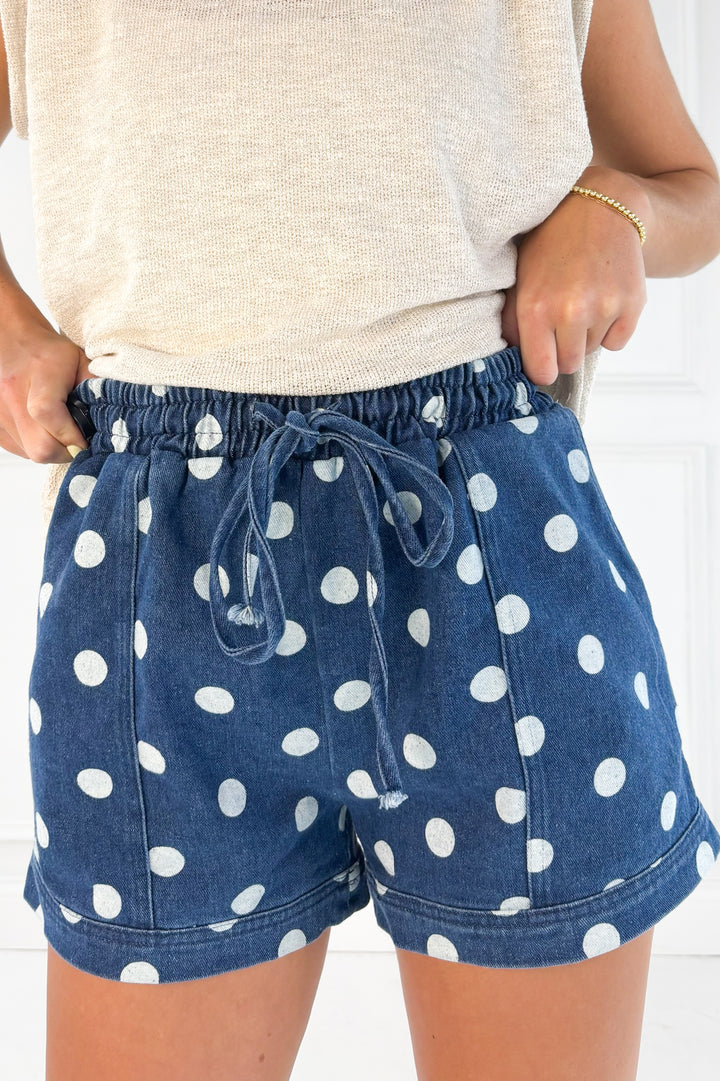 Polka Dot Denim Drawstring Shorts