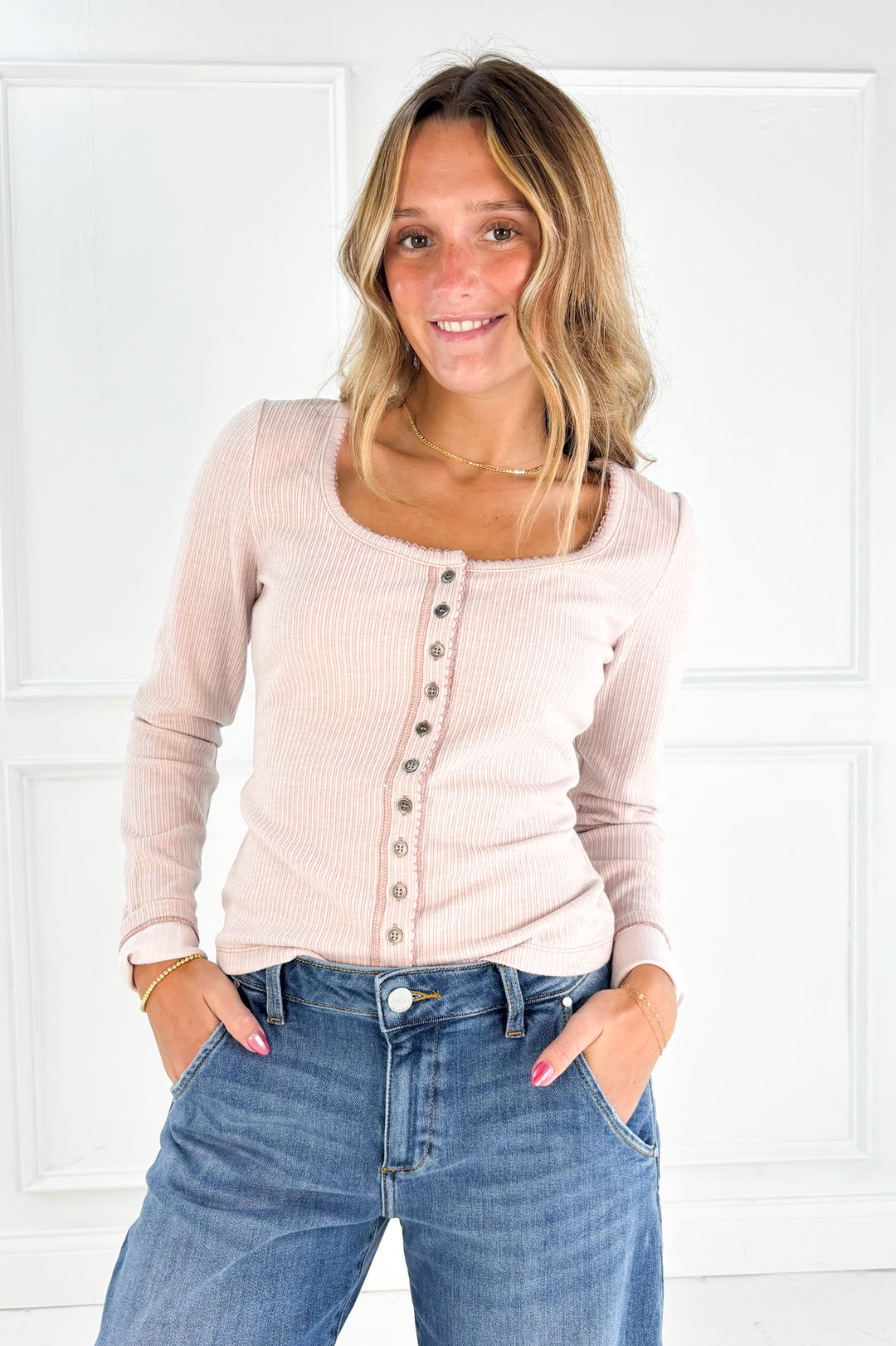 Square Neck Ribbed Button Top