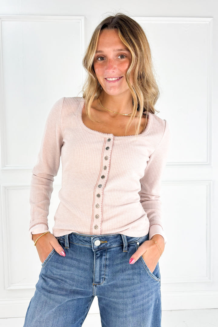 Square Neck Ribbed Button Top