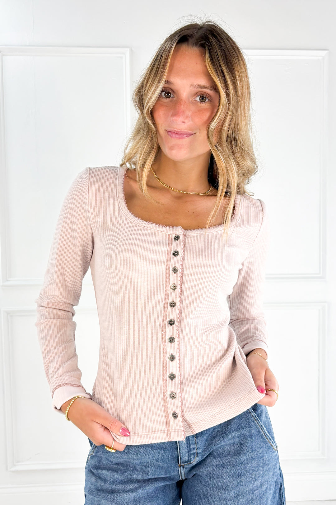 Square Neck Ribbed Button Top