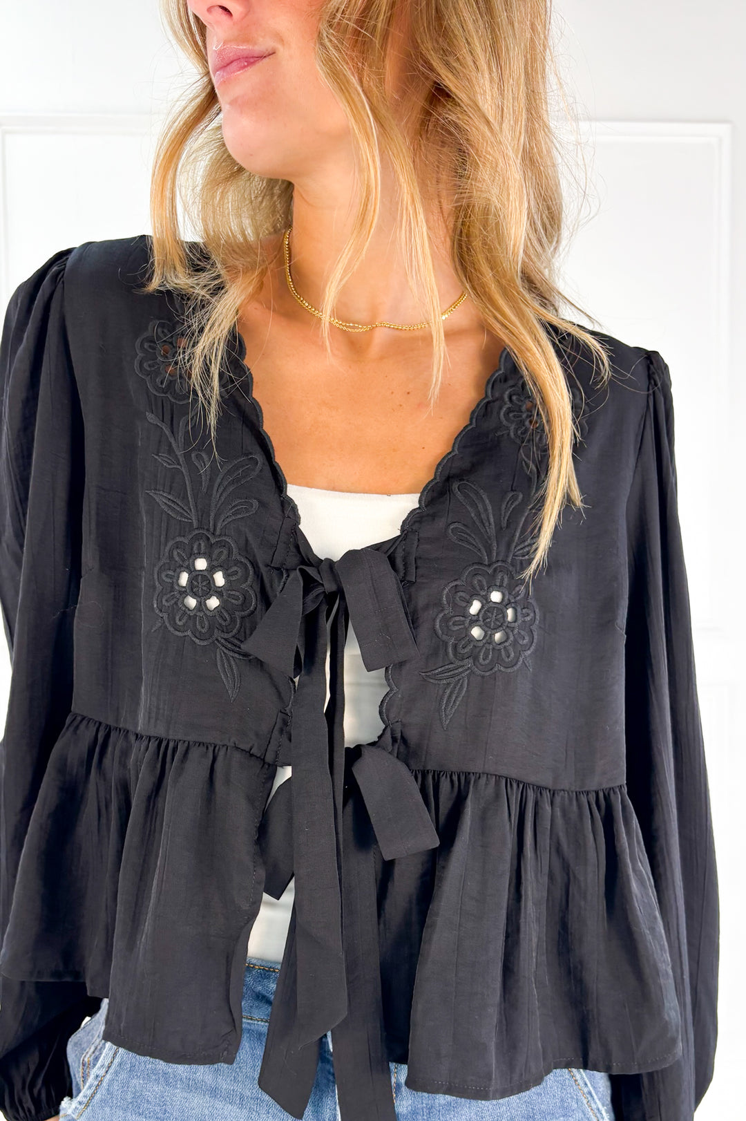 Floral Eyelet Embroidery Front Tie Long Sleeve