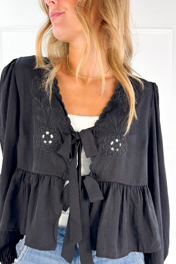 Floral Eyelet Embroidery Front Tie Long Sleeve