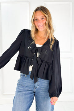 Floral Eyelet Embroidery Front Tie Long Sleeve
