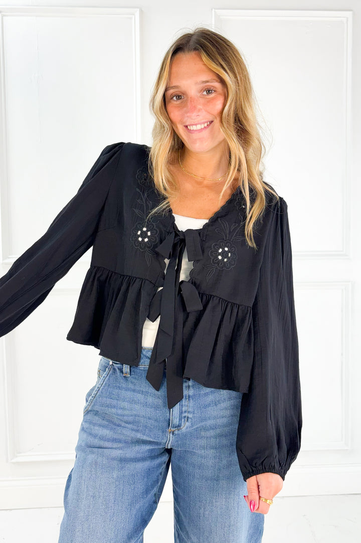Floral Eyelet Embroidery Front Tie Long Sleeve