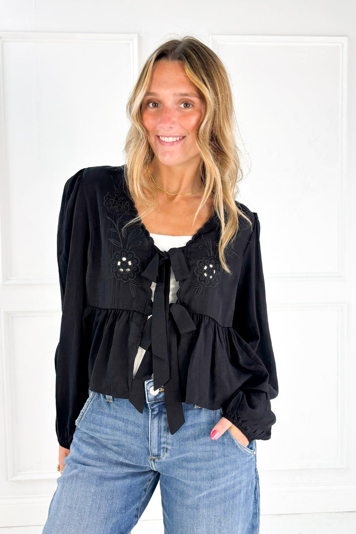 Floral Eyelet Embroidery Front Tie Long Sleeve