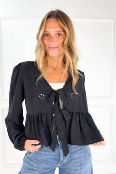 Floral Eyelet Embroidery Front Tie Long Sleeve