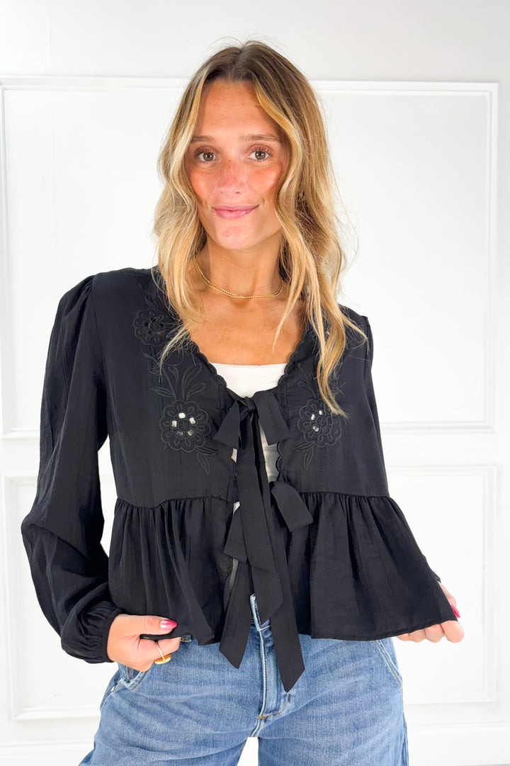Floral Eyelet Embroidery Front Tie Long Sleeve