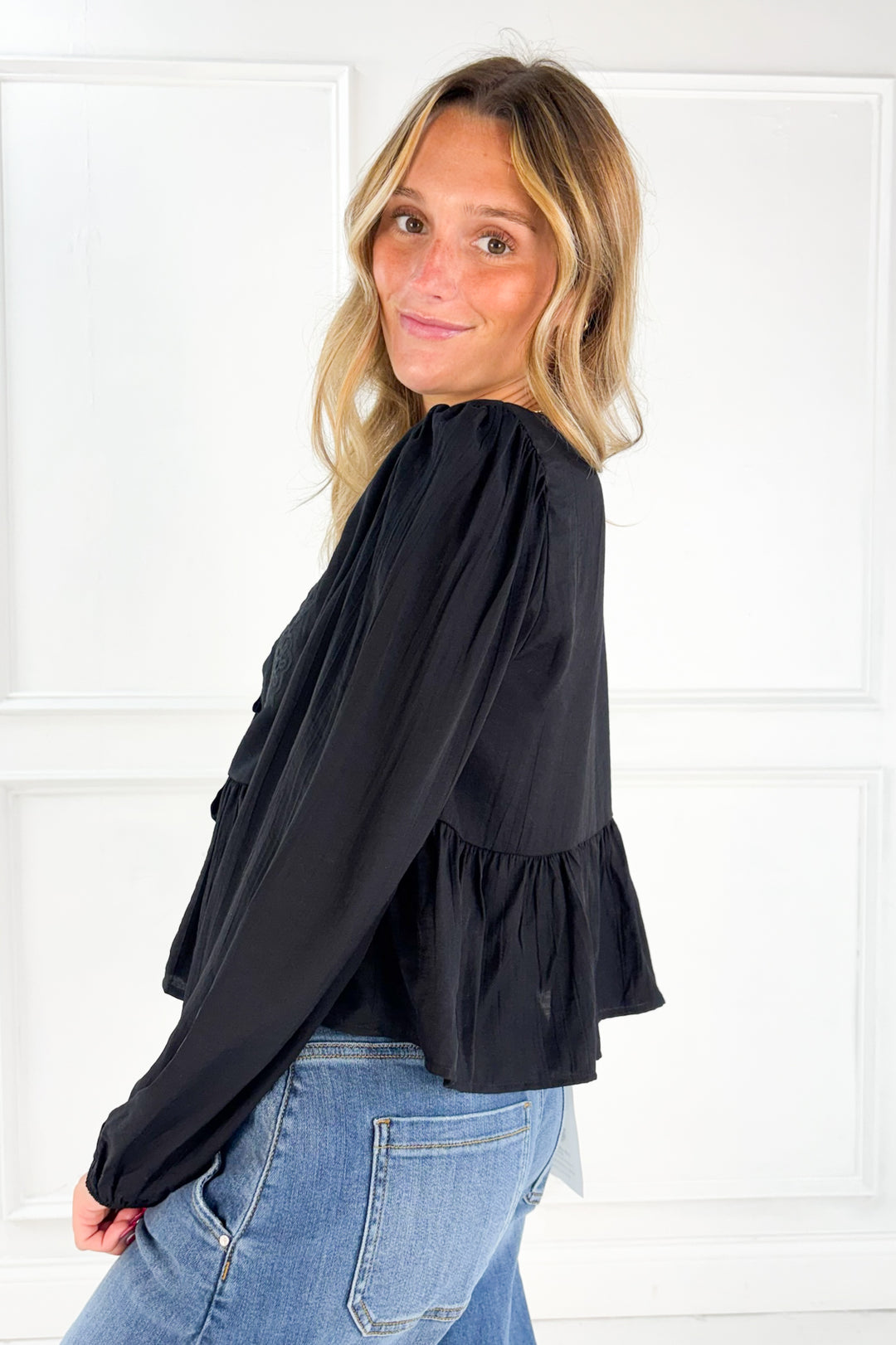 Floral Eyelet Embroidery Front Tie Long Sleeve
