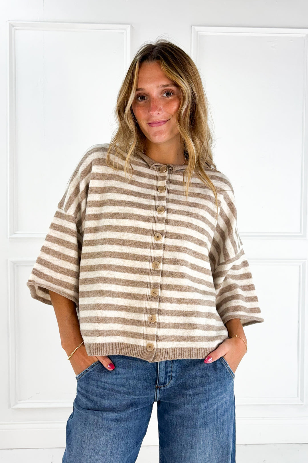 Stripe Raw Edge Short Sleeve Button Down Cardigan
