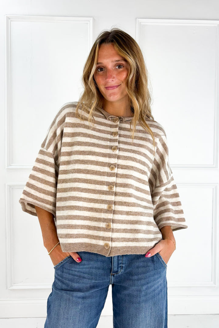 Stripe Raw Edge Short Sleeve Button Down Cardigan