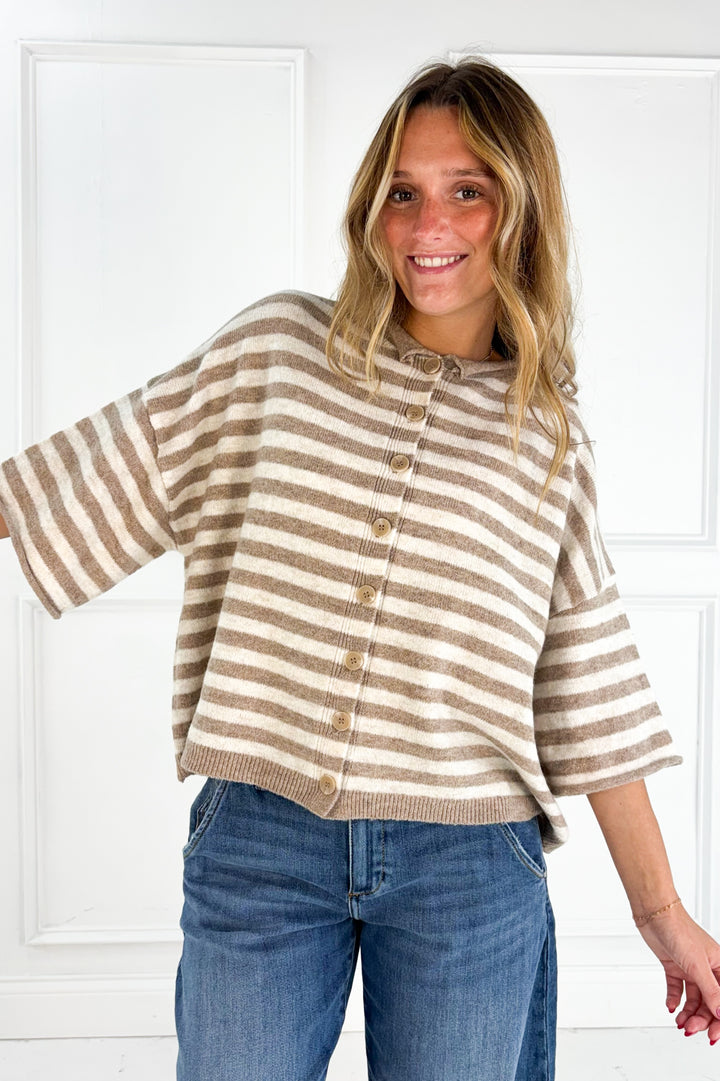 Stripe Raw Edge Short Sleeve Button Down Cardigan