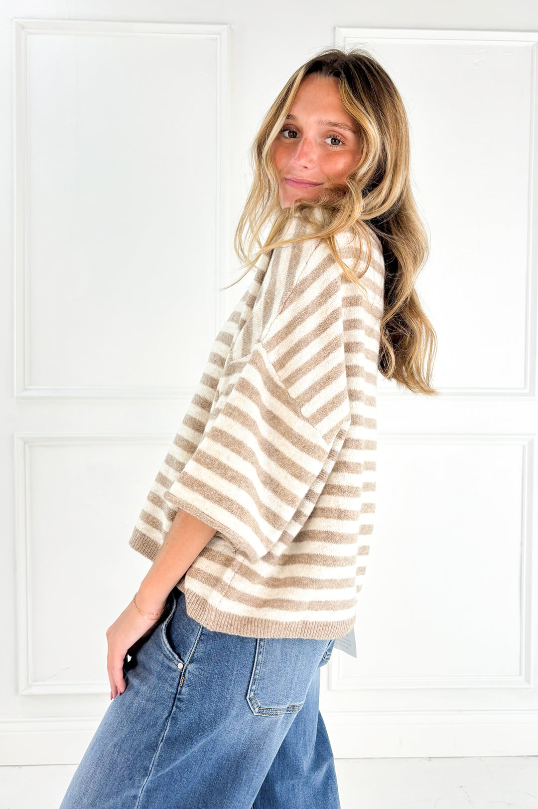 Stripe Raw Edge Short Sleeve Button Down Cardigan