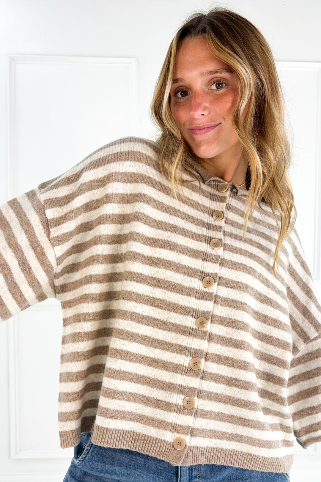 Stripe Raw Edge Short Sleeve Button Down Cardigan