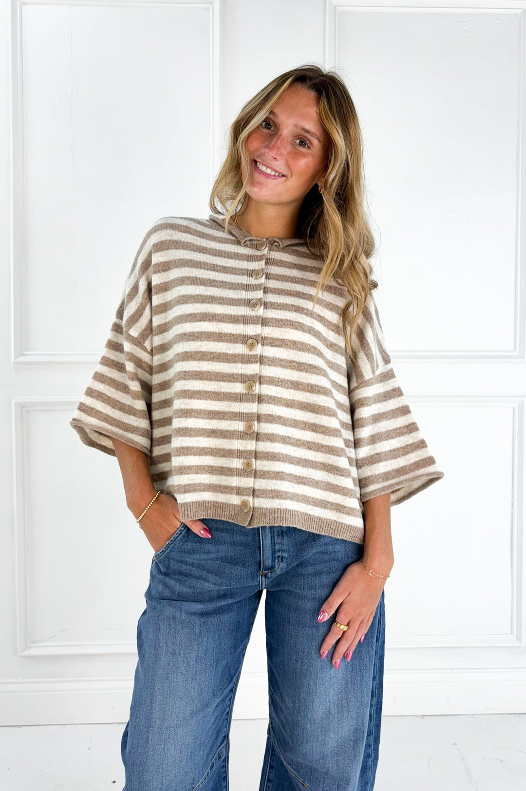 Stripe Raw Edge Short Sleeve Button Down Cardigan