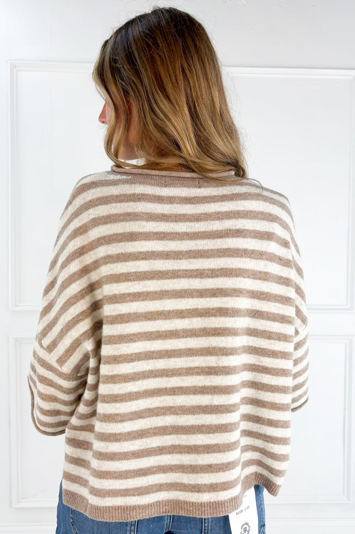 Stripe Raw Edge Short Sleeve Button Down Cardigan