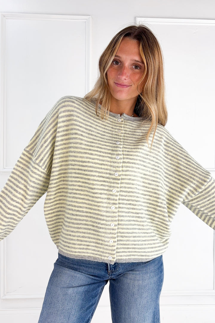 Stripe Raw Edge Drop Shoulder Knit Cardigan