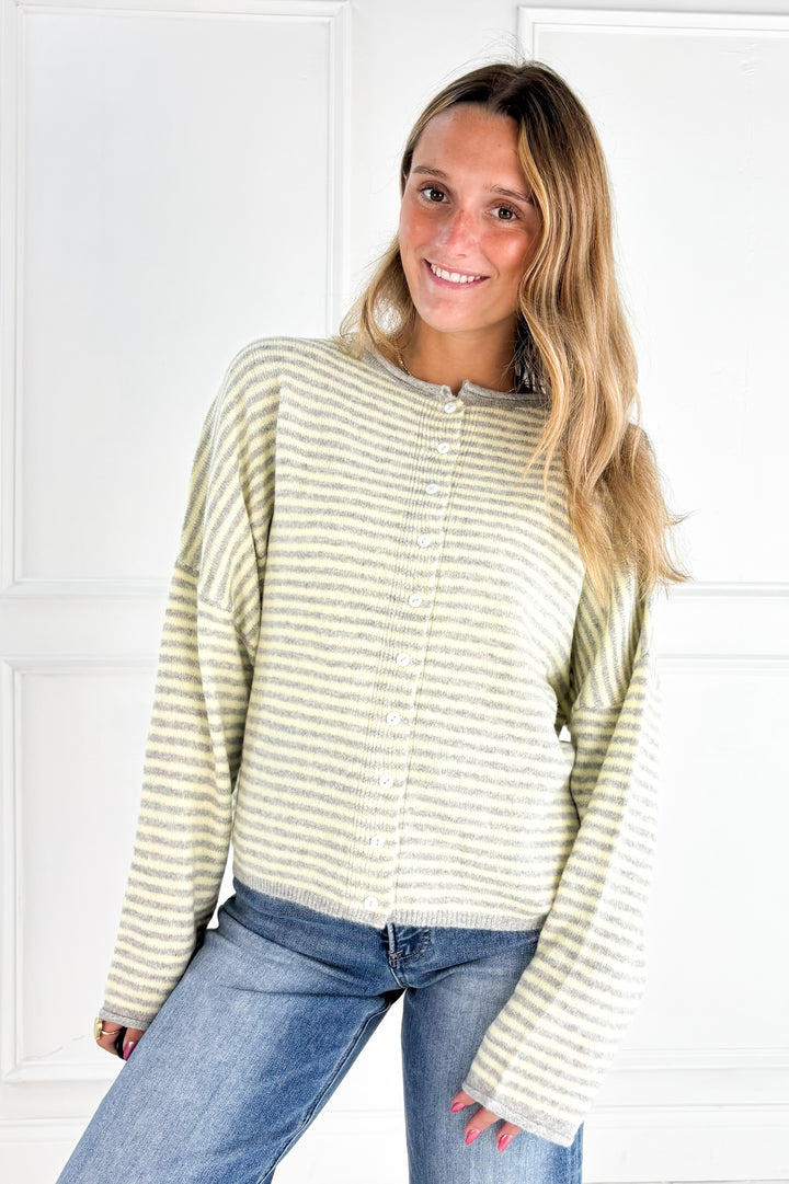 Stripe Raw Edge Drop Shoulder Knit Cardigan