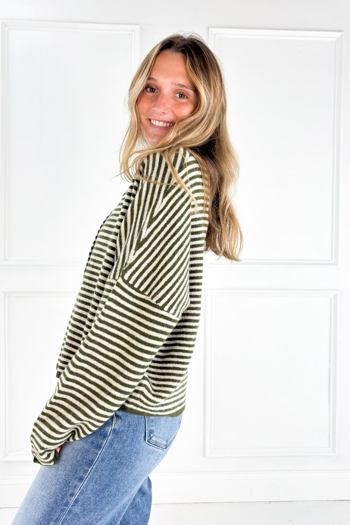 Stripe Raw Edge Drop Shoulder Knit Cardigan
