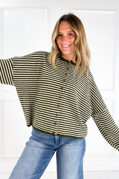 Stripe Raw Edge Drop Shoulder Knit Cardigan
