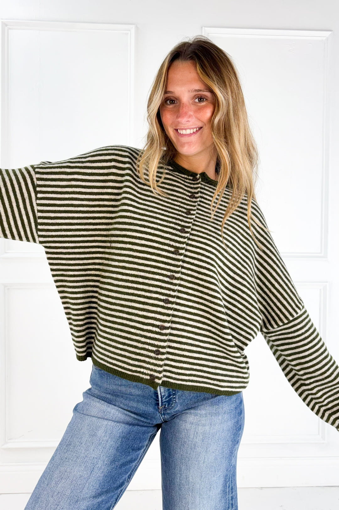 Stripe Raw Edge Drop Shoulder Knit Cardigan