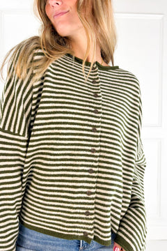 Stripe Raw Edge Drop Shoulder Knit Cardigan