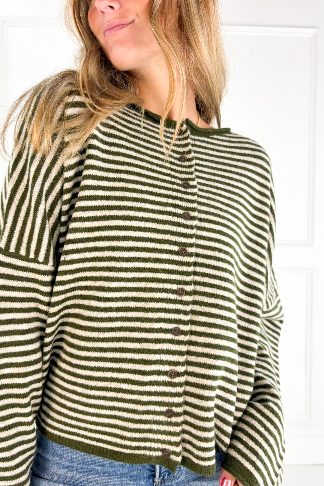 Stripe Raw Edge Drop Shoulder Knit Cardigan