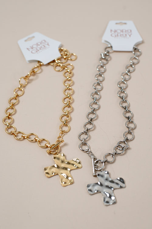 Hammered Cross Front Toggle Necklace