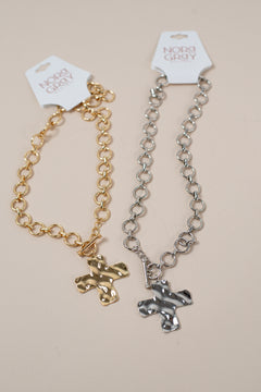 Hammered Cross Front Toggle Necklace