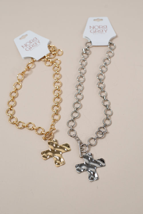 Hammered Cross Front Toggle Necklace