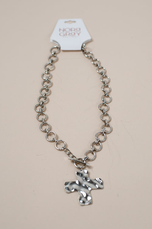 Hammered Cross Front Toggle Necklace