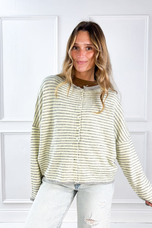 Stripe Raw Edge Drop Shoulder Knit Cardigan