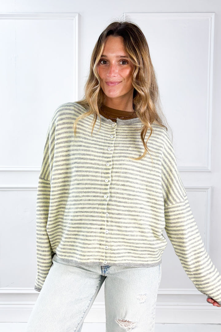 Stripe Raw Edge Drop Shoulder Knit Cardigan