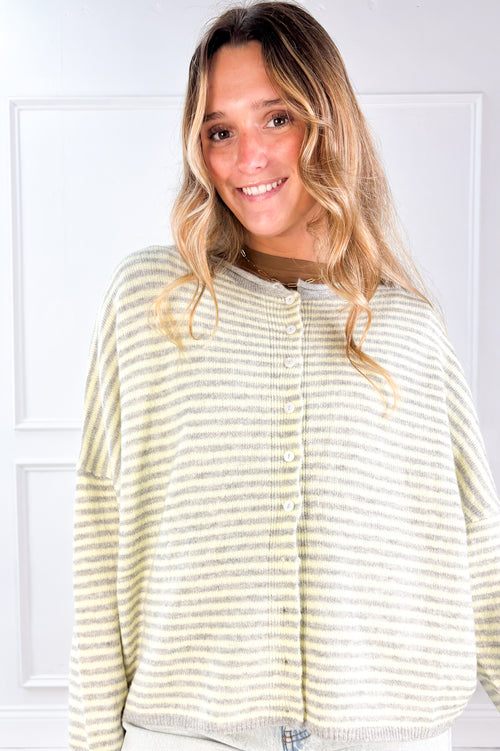 Stripe Raw Edge Drop Shoulder Knit Cardigan