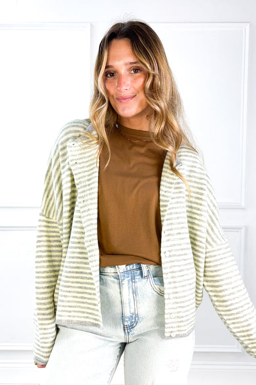 Stripe Raw Edge Drop Shoulder Knit Cardigan