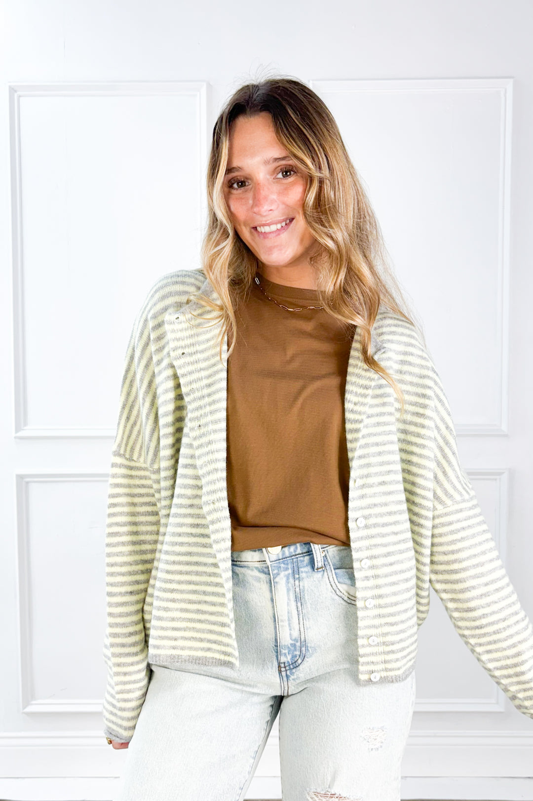 Stripe Raw Edge Drop Shoulder Knit Cardigan