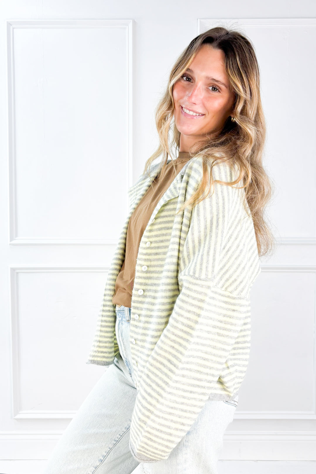 Stripe Raw Edge Drop Shoulder Knit Cardigan