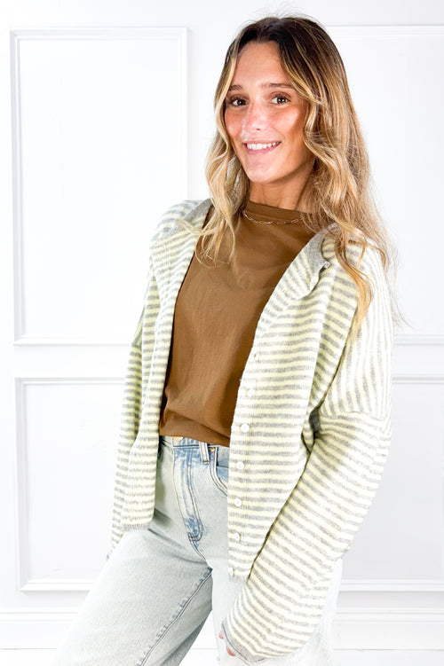Stripe Raw Edge Drop Shoulder Knit Cardigan