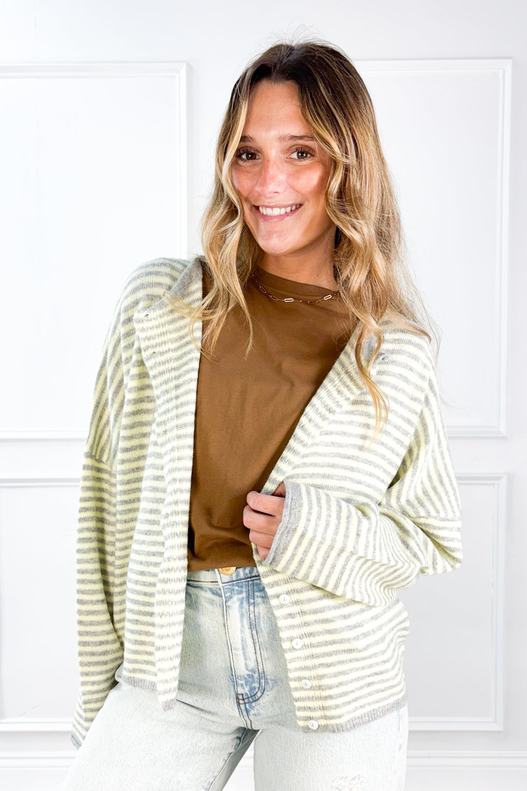 Stripe Raw Edge Drop Shoulder Knit Cardigan