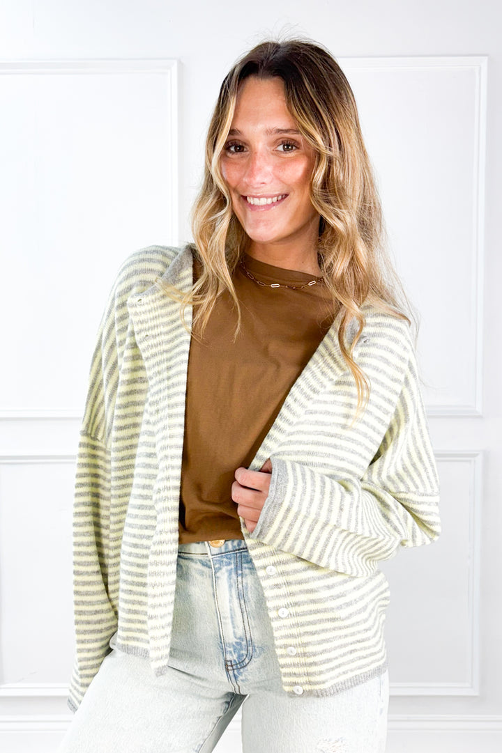 Stripe Raw Edge Drop Shoulder Knit Cardigan