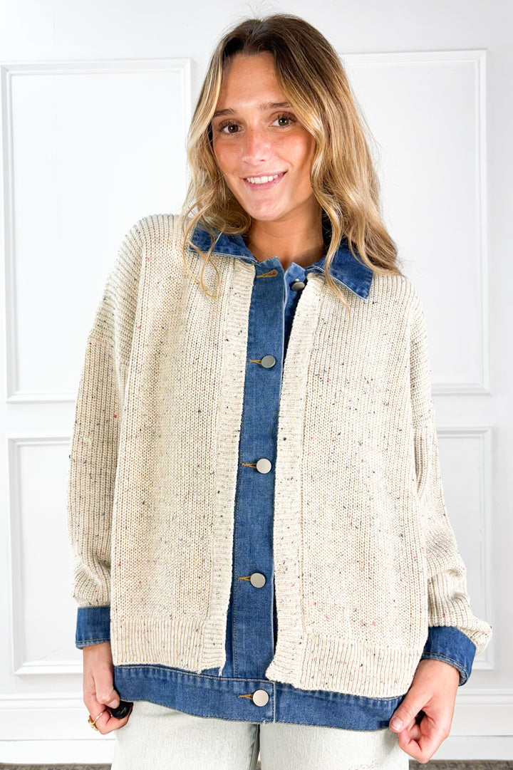 Denim Trim Knit Cardigan